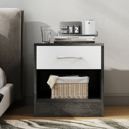 Modern Bedside Table with Open Shelf and Drawer, Wooden, 39x28x41 cm, White and Dark Grey