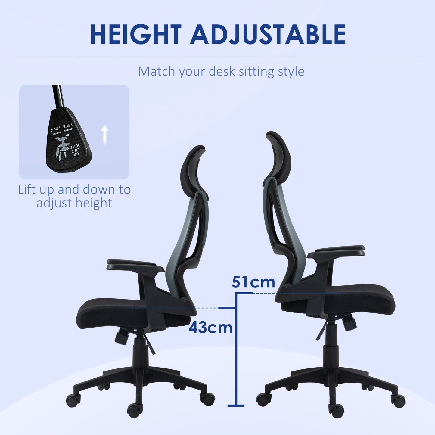 Office Chair with Lumbar Support and Headrest, Swivel Seat with Adjustable Height, Black