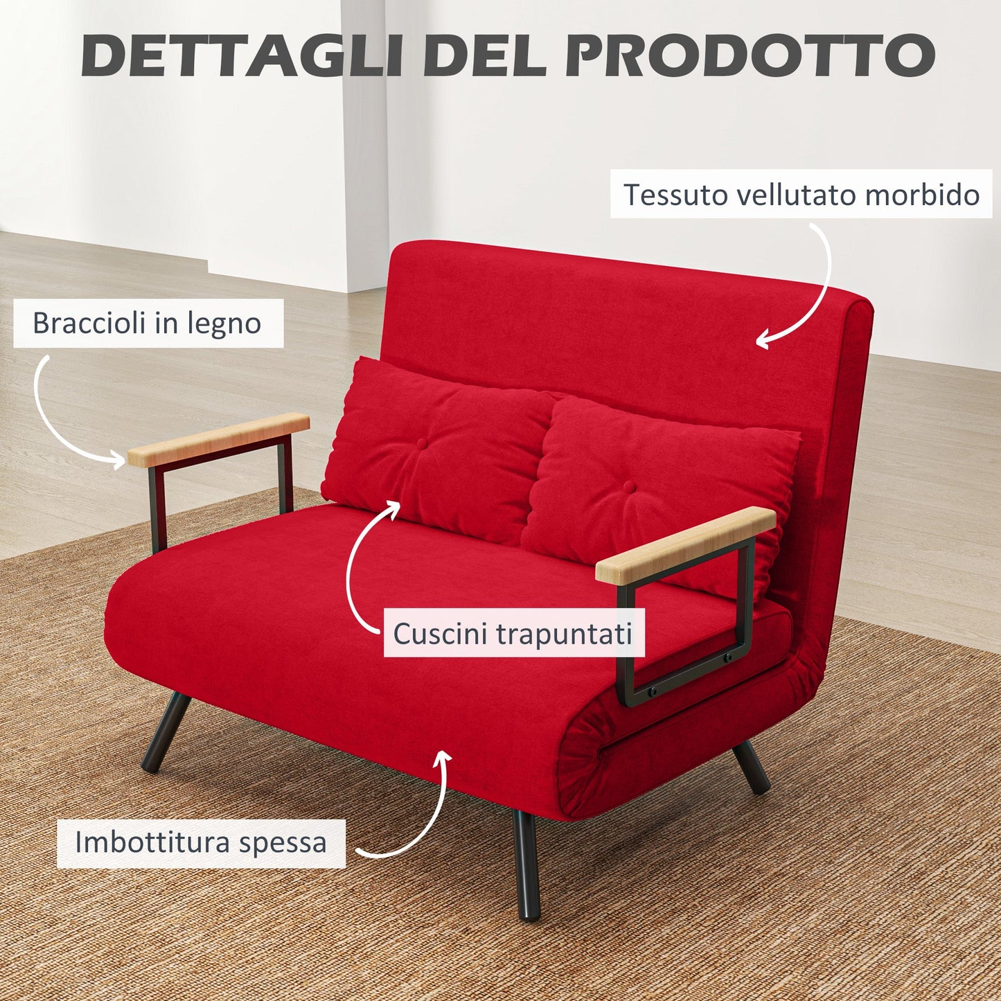 Velvet Fabric Sofa Bed with Adjustable Backrest and 2 Cushions, 102x73x81 cm, Red