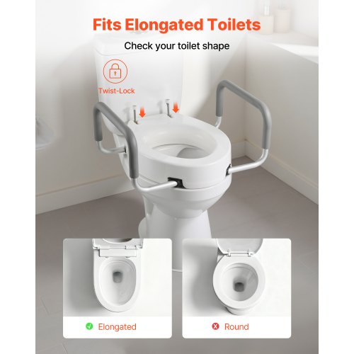 Raised Toilet Seat with Arms, 136.1 kg Load Capacity, 88.9 mm Lift Height, Widened Commode Elevated Toilet Seat Riser with Padded Handles for Seniors, Elderly, Handicap, Disabled, and Adults