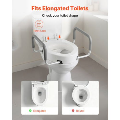 Raised Toilet Seat with Arms, 136.1 kg Load Capacity, 88.9 mm Lift Height, Widened Commode Elevated Toilet Seat Riser with Padded Handles for Seniors, Elderly, Handicap, Disabled, and Adults