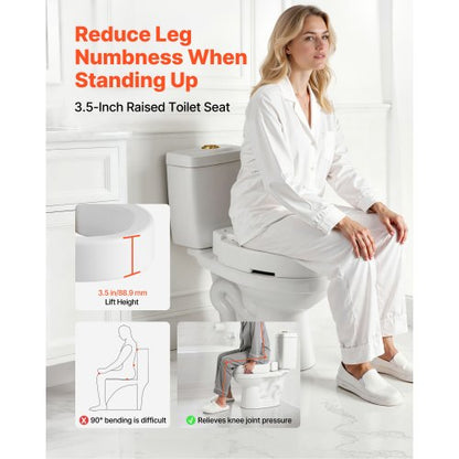 Raised Toilet Seat, 136.1 kg Load Capacity, 88.9 mm Lift Height, Commode Elevated Toilet Seat Riser with Enlarged Opening for Seniors, Elderly, Handicap, Disabled, Adults, Fits Elongated Bowl