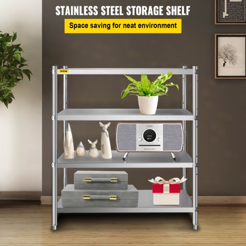 Stainless Steel Shelving, 118.9 x 47 cm 4 Tier Adjustable Shelf Storage Unit, Stainless Steel Heavy Duty Shelving for Kitchen Commercial Office Garage Storage 149.7 kg Per Shelf