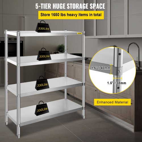 Stainless Steel Shelving, 118.9 x 47 cm 4 Tier Adjustable Shelf Storage Unit, Stainless Steel Heavy Duty Shelving for Kitchen Commercial Office Garage Storage 149.7 kg Per Shelf
