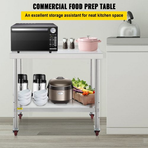 Stainless Steel Prep Table, 30 x 24 x 35 Inch, 440lbs Load Capacity Heavy Duty Metal Worktable with Backsplash Adjustable Undershelf & 4 Casters, Commercial Workstation for Kitchen Restaurant
