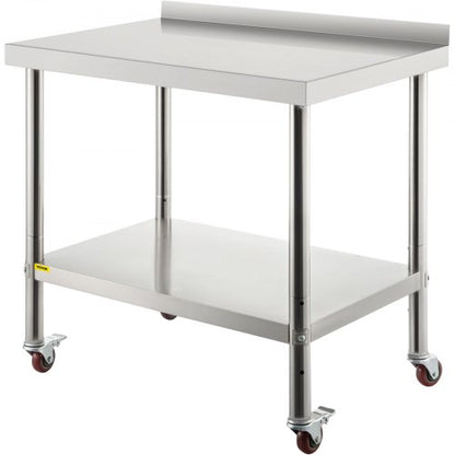 Stainless Steel Prep Table, 30 x 24 x 35 Inch, 440lbs Load Capacity Heavy Duty Metal Worktable with Backsplash Adjustable Undershelf & 4 Casters, Commercial Workstation for Kitchen Restaurant