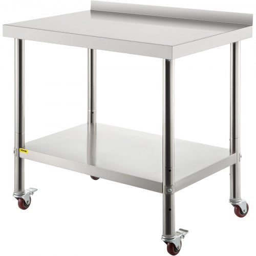 Stainless Steel Prep Table, 30 x 24 x 35 Inch, 440lbs Load Capacity Heavy Duty Metal Worktable with Backsplash Adjustable Undershelf & 4 Casters, Commercial Workstation for Kitchen Restaurant