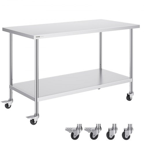 Stainless Steel Work Table 30 x 60 x 38 Inch, with 4 Wheels, 3 Adjustable Height Levels, Heavy Duty Food Prep Worktable for Commercial Kitchen Restaurant, Silver