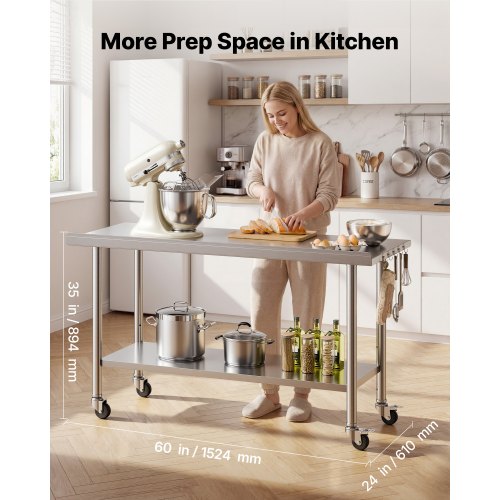 Stainless Steel Work Table, 61x152 cm inch Food Prep Table with Wheels and Backsplash, Commercial Kitchen Workstation with Adjustable Undershelf, Metal Utility Worktable, for Restaurant Outdoor