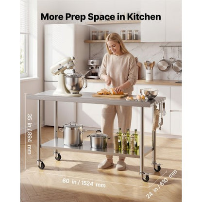Stainless Steel Work Table, 61x152 cm inch Food Prep Table with Wheels and Backsplash, Commercial Kitchen Workstation with Adjustable Undershelf, Metal Utility Worktable, for Restaurant Outdoor