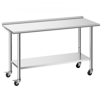Stainless Steel Work Table, 61x152 cm inch Food Prep Table with Wheels and Backsplash, Commercial Kitchen Workstation with Adjustable Undershelf, Metal Utility Worktable, for Restaurant Outdoor