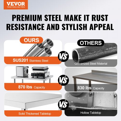 Stainless Steel Work Table 30 x 48 x 38 Inch, with 4 Wheels, 3 Adjustable Height Levels, Heavy Duty Food Prep Worktable for Commercial Kitchen Restaurant, Silver