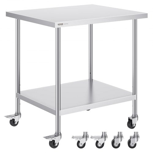Stainless Steel Work Table 30 x 36 x 38 Inch, with 4 Wheels, 3 Adjustable Height Levels, Heavy Duty Food Prep Worktable for Commercial Kitchen Restaurant, Silver