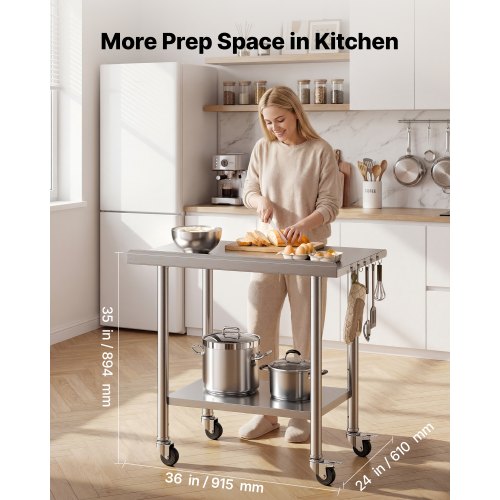 Stainless Steel Work Table, 61x91 cm Food Prep Table with Wheels and Backsplash, Commercial Kitchen Workstation with Adjustable Undershelf, Metal Utility Worktable, for Restaurant Outdoor