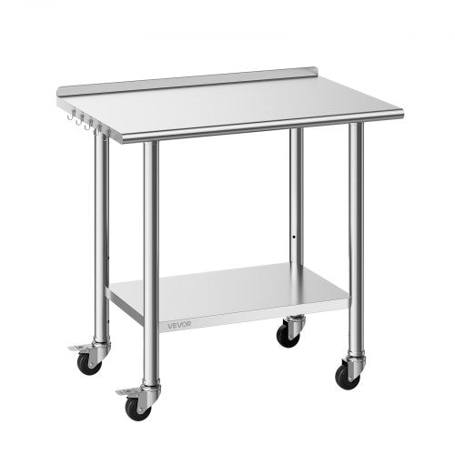 Stainless Steel Work Table, 61x91 cm Food Prep Table with Wheels and Backsplash, Commercial Kitchen Workstation with Adjustable Undershelf, Metal Utility Worktable, for Restaurant Outdoor