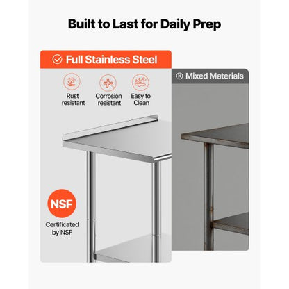 Stainless Steel Work Table, 61x76 cm Food Prep Table with Wheels and Backsplash, Commercial Kitchen Workstation with Adjustable Undershelf, Metal Utility Worktable, for Restaurant Outdoor