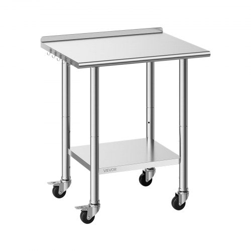 Stainless Steel Work Table, 61x76 cm Food Prep Table with Wheels and Backsplash, Commercial Kitchen Workstation with Adjustable Undershelf, Metal Utility Worktable, for Restaurant Outdoor