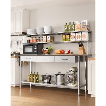 Stainless Steel Work Table, 61x183 cm Food Prep Table with Overshelves and 3 Drawers, Commercial Kitchen Workstation with Adjustable Undershelf, Metal Utility Worktable, Restaurant Garage