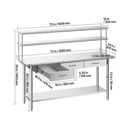 Stainless Steel Work Table, 61x183 cm Food Prep Table with Overshelves and 3 Drawers, Commercial Kitchen Workstation with Adjustable Undershelf, Metal Utility Worktable, Restaurant Garage