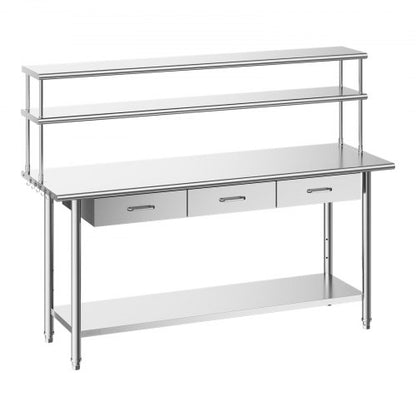 Stainless Steel Work Table, 61x183 cm Food Prep Table with Overshelves and 3 Drawers, Commercial Kitchen Workstation with Adjustable Undershelf, Metal Utility Worktable, Restaurant Garage