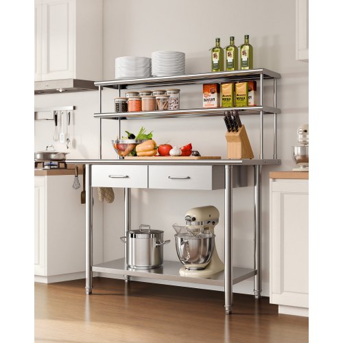 Stainless Steel Work Table, 61x122 cm Food Prep Table with Overshelves and 2 Drawers, Commercial Kitchen Workstation with Adjustable Undershelf, Metal Utility Worktable, Restaurant Garage