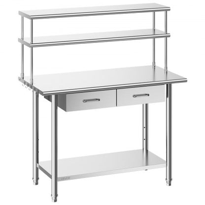 Stainless Steel Work Table, 61x122 cm Food Prep Table with Overshelves and 2 Drawers, Commercial Kitchen Workstation with Adjustable Undershelf, Metal Utility Worktable, Restaurant Garage