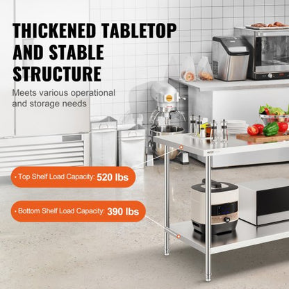 Stainless Steel Prep Table, 30 x 60 x 34 Inch, Heavy Duty Metal Worktable with 3 Adjustable Height Levels, Commercial Workstation for Kitchen Garage Restaurant Backyard