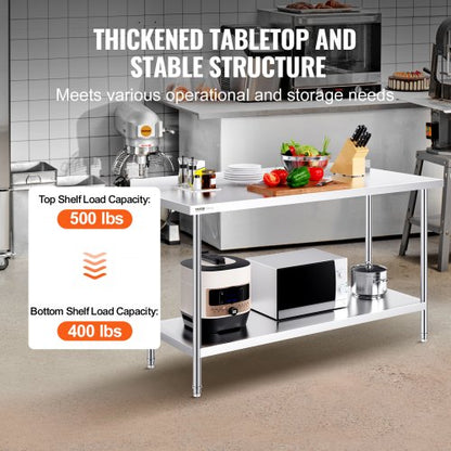 24 x 60 x 36 Inch Stainless Steel Work Table, Commercial Food Prep Worktable Heavy Duty Prep Worktable, Metal Work Table with Adjustable Height for Restaurant, Home and Hotel
