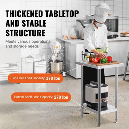 Stainless Steel Prep Table, 24 x 18 x 34 Inch, Heavy Duty Metal Worktable with 3 Adjustable Height Levels, Commercial Workstation for Kitchen Garage Restaurant Backyard