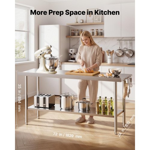 Stainless Steel Work Table, 61x183 cm Food Prep Table with Backsplash, Commercial Kitchen Workstation with Adjustable Undershelf, Metal Heavy Duty Utility Worktable, for Restaurant Home Outdoor