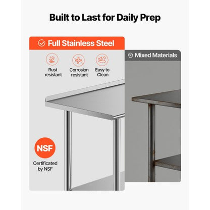 Stainless Steel Work Table, 61x183 cm Food Prep Table with Backsplash, Commercial Kitchen Workstation with Adjustable Undershelf, Metal Heavy Duty Utility Worktable, for Restaurant Home Outdoor