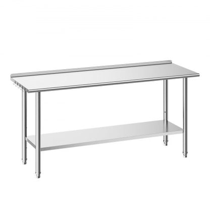 Stainless Steel Work Table, 61x183 cm Food Prep Table with Backsplash, Commercial Kitchen Workstation with Adjustable Undershelf, Metal Heavy Duty Utility Worktable, for Restaurant Home Outdoor