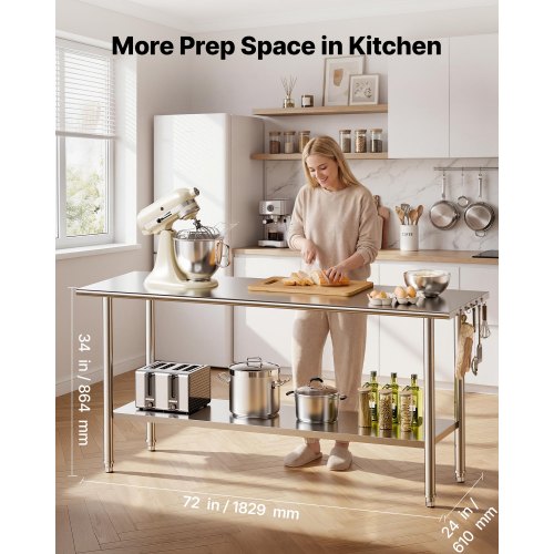 Stainless Steel Work Table, 61x183 cm Food Prep Table, Commercial Kitchen Workstation with Adjustable Undershelf, Metal Heavy Duty Utility Worktable, for Restaurant Home Hotel Garage Outdoor