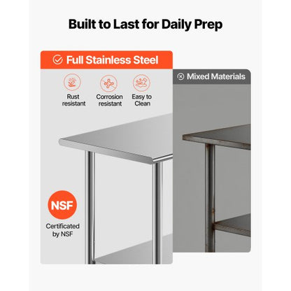 Stainless Steel Work Table, 61x183 cm Food Prep Table, Commercial Kitchen Workstation with Adjustable Undershelf, Metal Heavy Duty Utility Worktable, for Restaurant Home Hotel Garage Outdoor