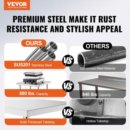 Stainless Steel Prep Table, 30 x 48 x 34 Inch, Heavy Duty Metal Worktable with 3 Adjustable Height Levels, Commercial Workstation for Kitchen Garage Restaurant Backyard