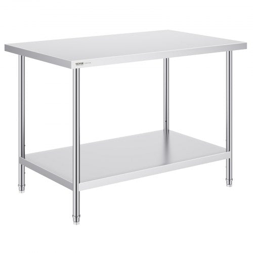 Stainless Steel Prep Table, 30 x 48 x 34 Inch, Heavy Duty Metal Worktable with 3 Adjustable Height Levels, Commercial Workstation for Kitchen Garage Restaurant Backyard