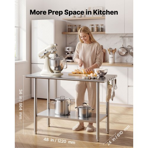 Stainless Steel Work Table, 61x122 cm Food Prep Table, Commercial Kitchen Workstation with Adjustable Undershelf, Metal Heavy Duty Utility Worktable, for Restaurant Home Hotel Garage Outdoor