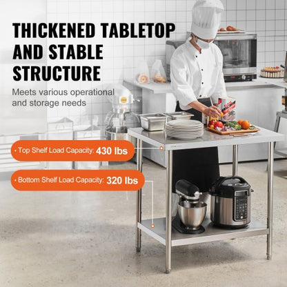 Stainless Steel Prep Table, 24 x 36 x 34 Inch, Heavy Duty Metal Worktable with 3 Adjustable Height Levels, Commercial Workstation for Kitchen Garage Restaurant Backyard