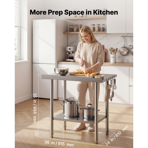 Stainless Steel Work Table, 61x91.5 cm Food Prep Table with Backsplash, Commercial Kitchen Workstation with Adjustable Undershelf, Metal Heavy Duty Utility Worktable, for Restaurant Home Outdoor