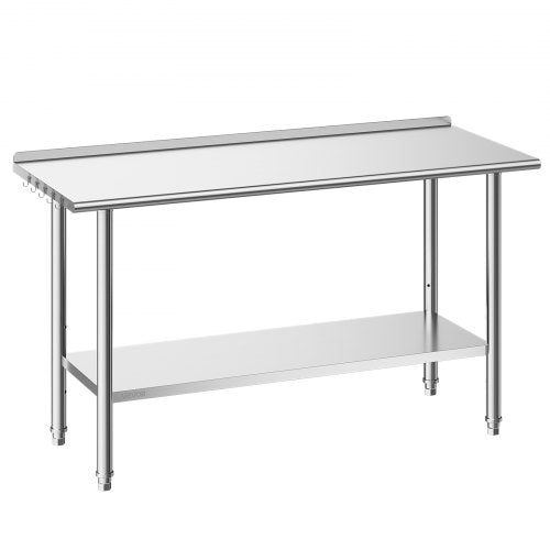 Stainless Steel Work Table, 61x152 cm Food Prep Table with Backsplash, Commercial Kitchen Workstation with Adjustable Undershelf, Metal Heavy Duty Utility Worktable, for Restaurant Home Outdoor