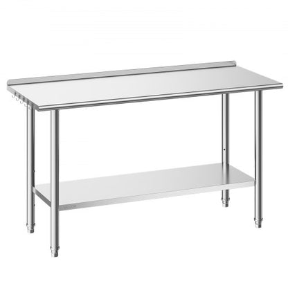 Stainless Steel Work Table, 61x152 cm Food Prep Table with Backsplash, Commercial Kitchen Workstation with Adjustable Undershelf, Metal Heavy Duty Utility Worktable, for Restaurant Home Outdoor