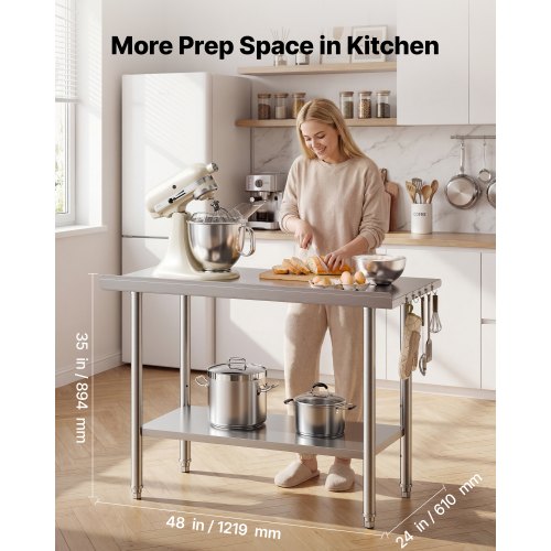 Stainless Steel Work Table, 61x122 cm Food Prep Table with Backsplash, Commercial Kitchen Workstation with Adjustable Undershelf, Metal Heavy Duty Utility Worktable, for Restaurant Home Outdoor