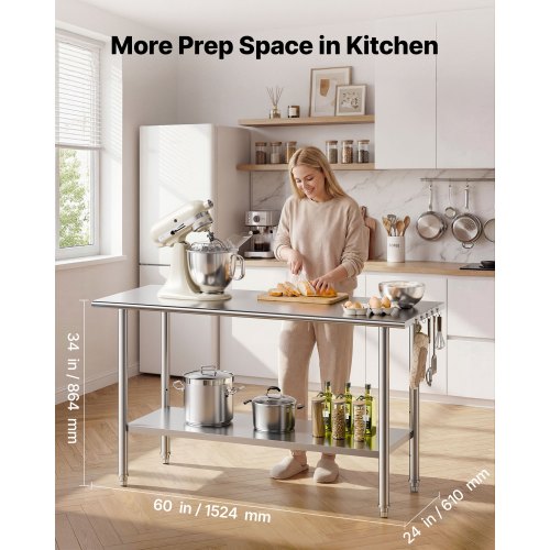 Stainless Steel Work Table, 61x152 cm Food Prep Table, Commercial Kitchen Workstation with Adjustable Undershelf, Metal Heavy Duty Utility Worktable, for Restaurant Home Hotel Garage Outdoor