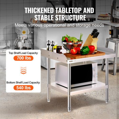 Stainless Steel Work Table, 24 x 28 x 26 Inch Commercial Food Prep Worktable, 3-Sided Backsplash Heavy Duty Prep Worktable, Metal Work Table with Adjustable Height for Restaurant Home Hotel