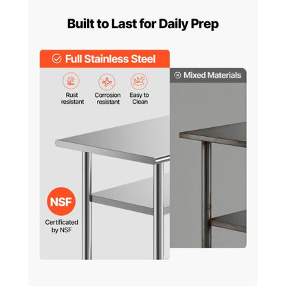 Stainless Steel Work Table, 61x91.5 cm Food Prep Table with 2 Shelves and Wheels, Commercial Kitchen Workstation, Metal Heavy Duty Utility Worktable, for Restaurant Home Hotel Garage Outdoor