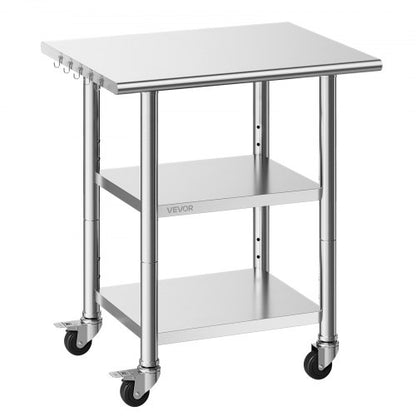 Stainless Steel Work Table, 61x76 cm Food Prep Table with 2 Shelves and Wheels, Commercial Kitchen Workstation, Metal Heavy Duty Utility Worktable, for Restaurant Home Hotel Garage Outdoor