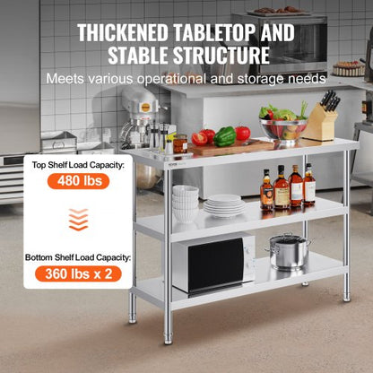 Stainless Steel Food Prep Table Commercial Kitchen Work Table 45.7x121.9 cm