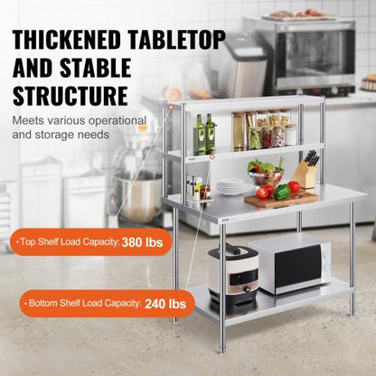 Double Overshelf, Double Tier Stainless Steel Overshelf, 12 x 48 Inch Double Deck Overshelf, Height Adjustable Overshelf Prep Work Table for Kitchen, Restaurant and Workshop