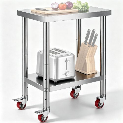 Stainless Steel Work Table 24 x 18 x 34 Inch, 700 LBS Load Capacity with 4 Wheels, 3 Adjustable Height Levels, Heavy Duty Food Prep Worktable for Commercial Kitchen Restaurant, Silver