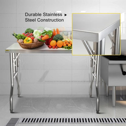 Commercial Worktable Workstation 121.9x61 cm Folding Commercial Prep Table, Heavy-duty Stainless Steel Folding Table with 299.8 kg Load, Kitchen Work Table, Silver Stainless Steel Kitchen Island